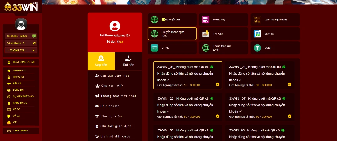 Nạp rút tiền 33win cực kì đơn giản, đa phương thức