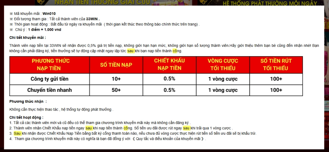 Thưởng 0.5% tiền nạp tại nhà cái 33win cực kì HOT